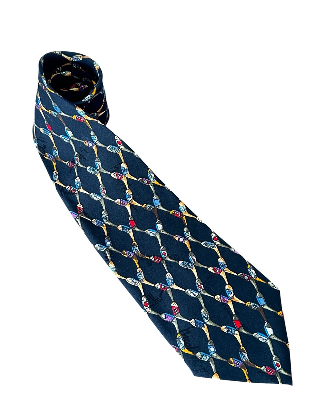 Nicole Miller Golf Club Print Colorful Silk Necktie Vintage‎ 1996 Black Multi